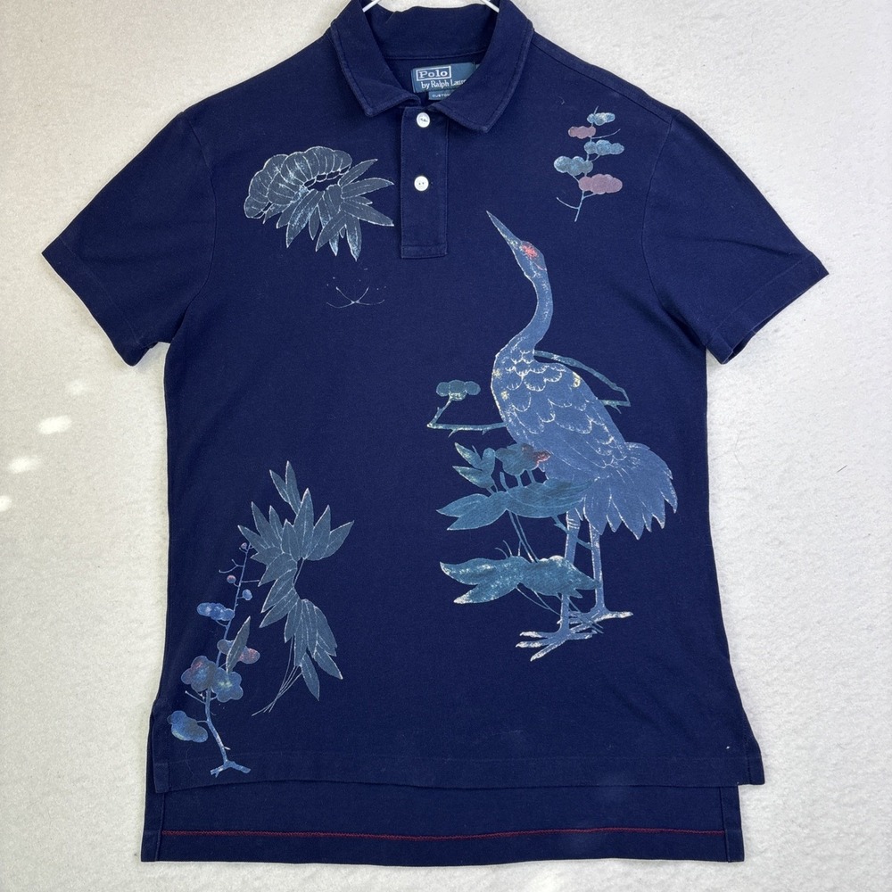Polo Ralph Lauren Crane Print Distressed Polo Shirt Men's M abstract preppy